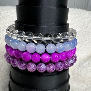 Handmade Bracelet Set of 4 Bohemian Natural Stone Beads & Glass Beads PURPLE SKY